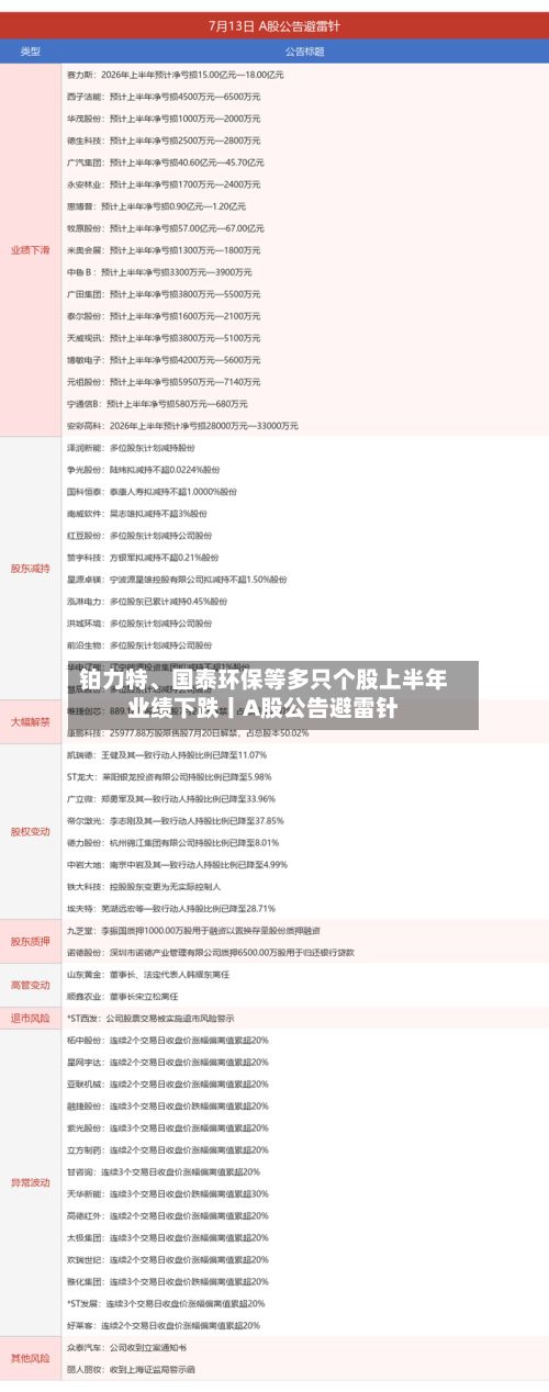 铂力特、国泰环保等多只个股上半年业绩下跌丨A股公告避雷针-第3张图片